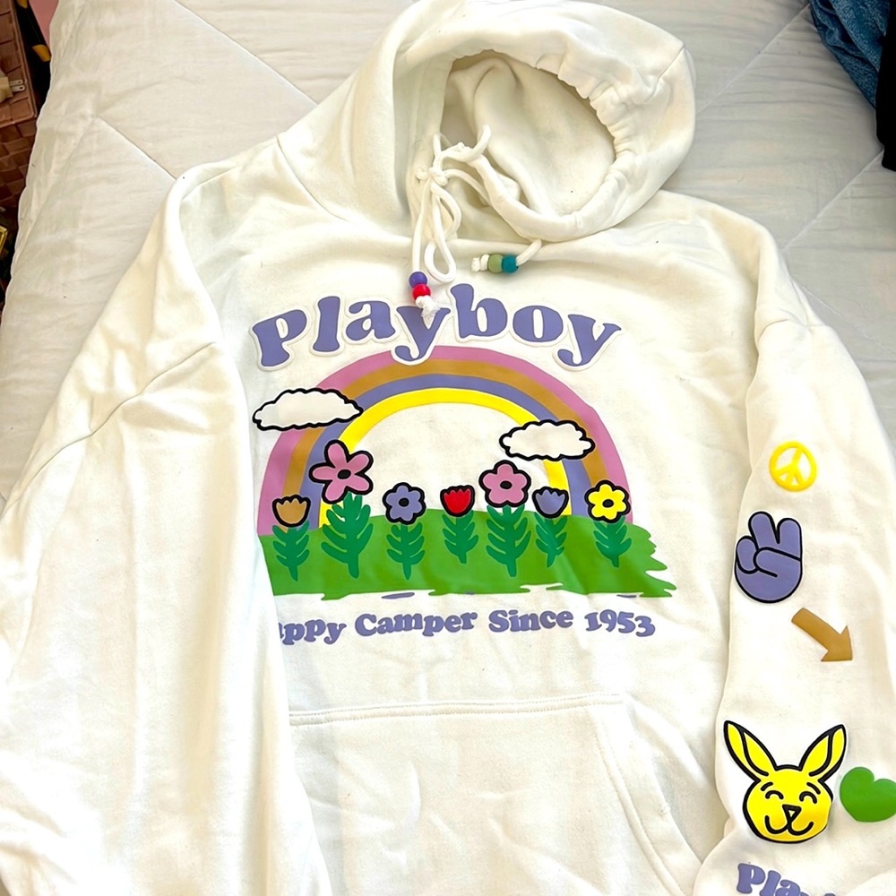 PACSUN. Women playboy white hoodie with tastle. NWT. Women size large.
